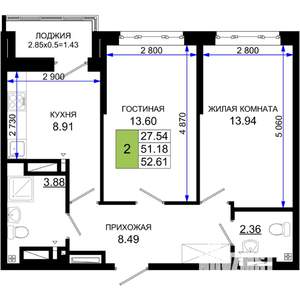2-к квартира, вторичка, 53м2, 2/25 этаж