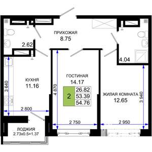 2-к квартира, вторичка, 55м2, 18/25 этаж