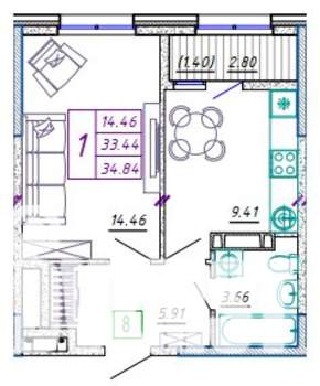 1-к квартира, строящийся дом, 35м2, 7/20 этаж