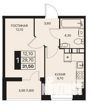 1-к квартира, вторичка, 32м2, 6/12 этаж