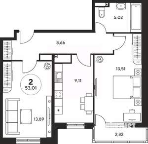 2-к квартира, вторичка, 53м2, 5/25 этаж
