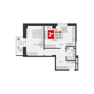 1-к квартира, строящийся дом, 62м2, 4/22 этаж