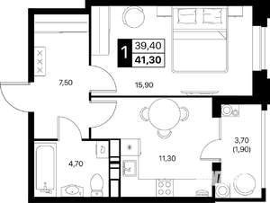 1-к квартира, строящийся дом, 41м2, 12/20 этаж