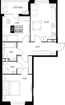 2-к квартира, вторичка, 63м2, 4/12 этаж
