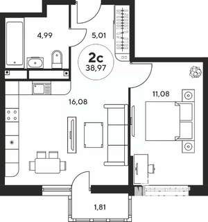 2-к квартира, вторичка, 39м2, 24/25 этаж