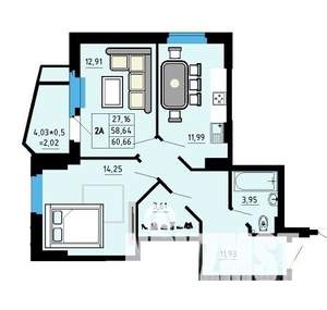 2-к квартира, строящийся дом, 61м2, 24/25 этаж
