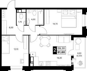 2-к квартира, строящийся дом, 62м2, 10/20 этаж