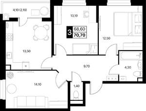 3-к квартира, вторичка, 71м2, 2/20 этаж