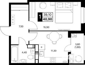 1-к квартира, строящийся дом, 41м2, 13/20 этаж