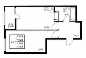 1-к квартира, вторичка, 46м2, 19/25 этаж