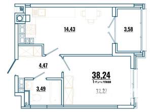 1-к квартира, строящийся дом, 38м2, 4/4 этаж