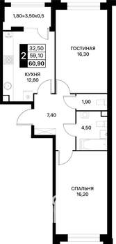 2-к квартира, вторичка, 61м2, 2/12 этаж