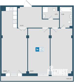 3-к квартира, строящийся дом, 96м2, 2/7 этаж