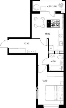 1-к квартира, вторичка, 45м2, 9/12 этаж