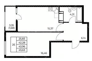 1-к квартира, вторичка, 46м2, 12/25 этаж