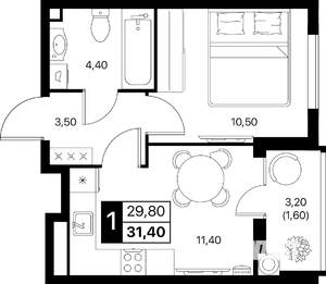1-к квартира, вторичка, 31м2, 2/12 этаж
