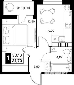 1-к квартира, вторичка, 32м2, 6/12 этаж