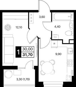 1-к квартира, вторичка, 32м2, 2/12 этаж
