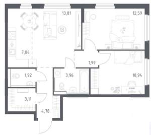 2-к квартира, строящийся дом, 60м2, 4/15 этаж