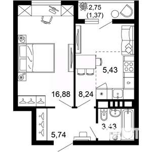 2-к квартира, вторичка, 41м2, 8/10 этаж
