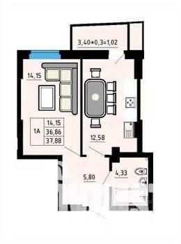1-к квартира, строящийся дом, 38м2, 12/25 этаж