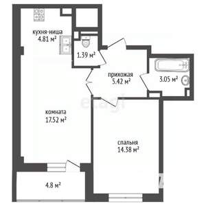 1-к квартира, вторичка, 53м2, 6/7 этаж