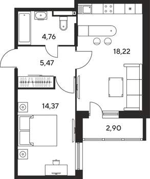 2-к квартира, строящийся дом, 45м2, 3/25 этаж