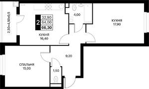 2-к квартира, вторичка, 66м2, 2/20 этаж