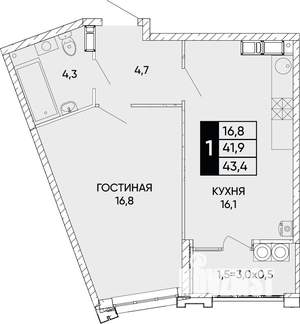 1-к квартира, вторичка, 43м2, 14/24 этаж