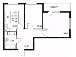 2-к квартира, вторичка, 57м2, 20/25 этаж