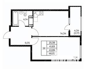 1-к квартира, строящийся дом, 46м2, 16/25 этаж