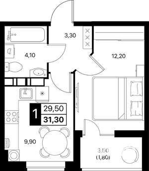 1-к квартира, вторичка, 31м2, 4/12 этаж