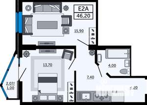 2-к квартира, вторичка, 46м2, 15/24 этаж