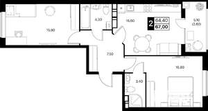 2-к квартира, вторичка, 67м2, 3/12 этаж