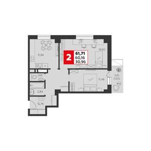 2-к квартира, строящийся дом, 62м2, 13/22 этаж