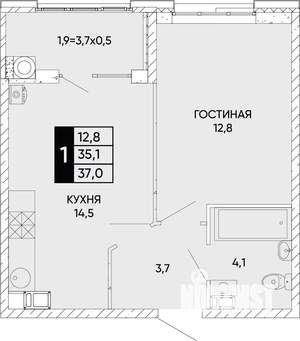 1-к квартира, вторичка, 37м2, 9/22 этаж