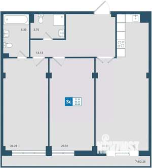 3-к квартира, строящийся дом, 96м2, 2/7 этаж