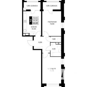 2-к квартира, вторичка, 58м2, 16/20 этаж