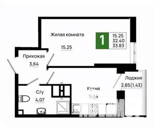 1-к квартира, вторичка, 34м2, 19/25 этаж