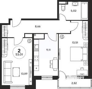 2-к квартира, вторичка, 53м2, 11/25 этаж