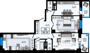 3-к квартира, строящийся дом, 88м2, 16/24 этаж