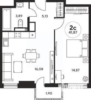 2-к квартира, вторичка, 42м2, 7/25 этаж