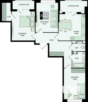 3-к квартира, вторичка, 83м2, 3/20 этаж