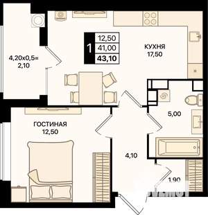1-к квартира, вторичка, 43м2, 9/20 этаж