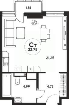 Студия квартира, вторичка, 33м2, 13/25 этаж