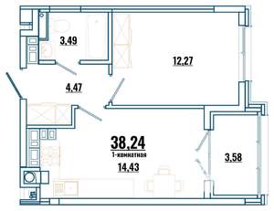 1-к квартира, строящийся дом, 38м2, 3/4 этаж
