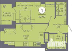 1-к квартира, вторичка, 43м2, 16/24 этаж