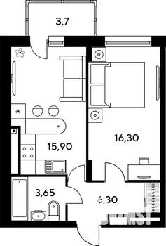 1-к квартира, строящийся дом, 42м2, 1/9 этаж
