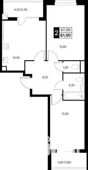 2-к квартира, вторичка, 61м2, 2/12 этаж