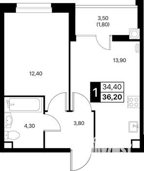 1-к квартира, вторичка, 36м2, 2/12 этаж